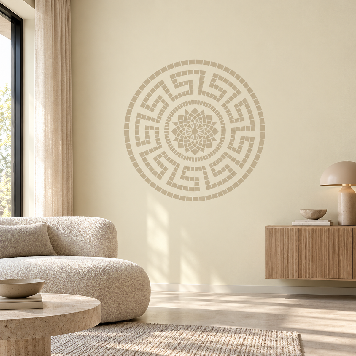 Circular Mandala Stencil in warm greige on a cream wall beside a curved sofa in a minimalist living room.