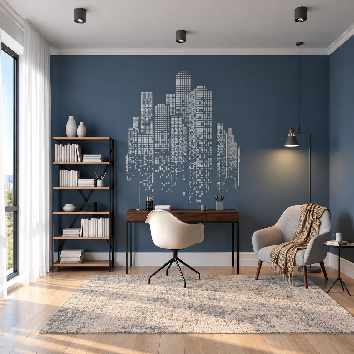 Silver cityscape wall stencil with geometric skyscraper silhouettes on a dark blue accent wall above a desk in a modern home office.
