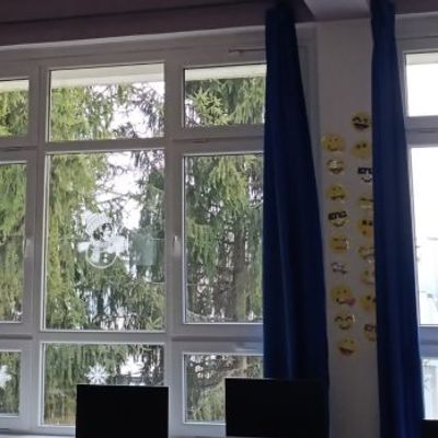 classroom windows decorated with christmas snow spray stencils