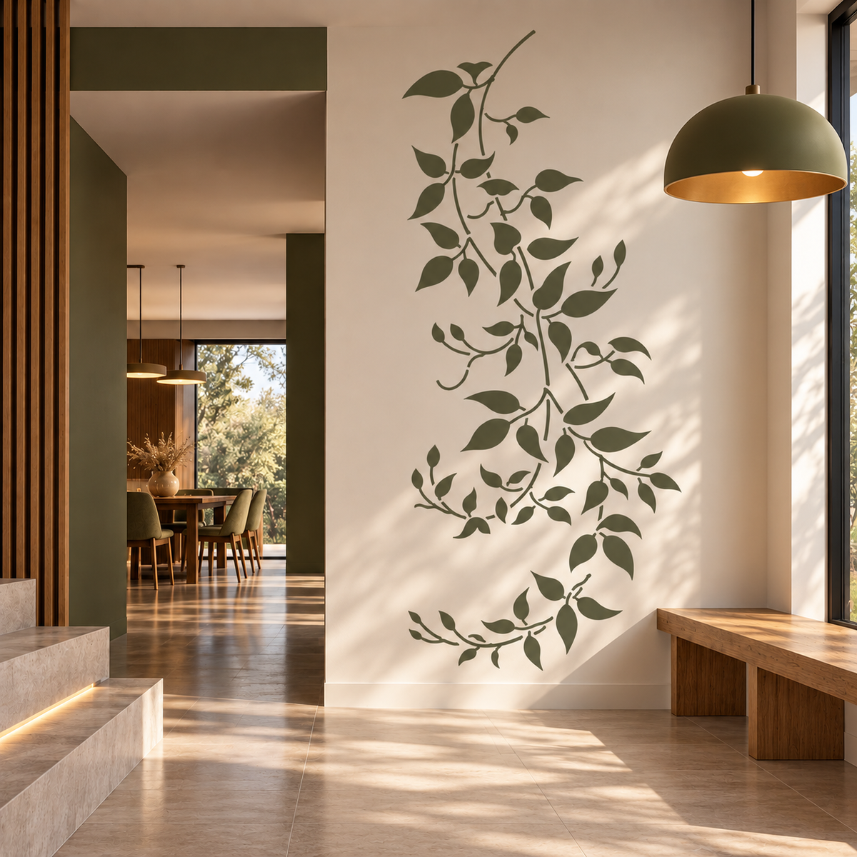Clematis vine wall stencil with green leafy branches in a modern entryway
