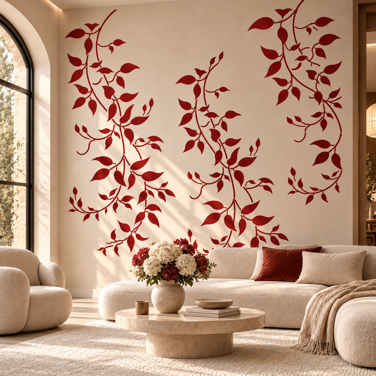 Clematis vine wall stencil with red climbing leafy branches in a modern living room