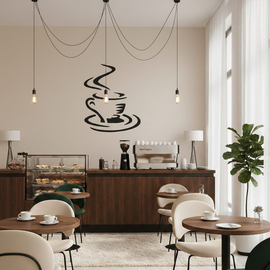 Coffee Cup Stencil in black on a cream wall above the espresso machine in a minimalist coffee shop.