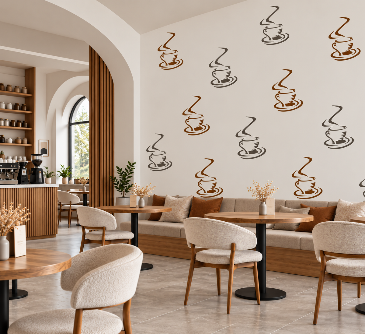 Repeating Coffee Cup Stencil pattern in brown and gray on a cream wall above café seating with wooden tables.