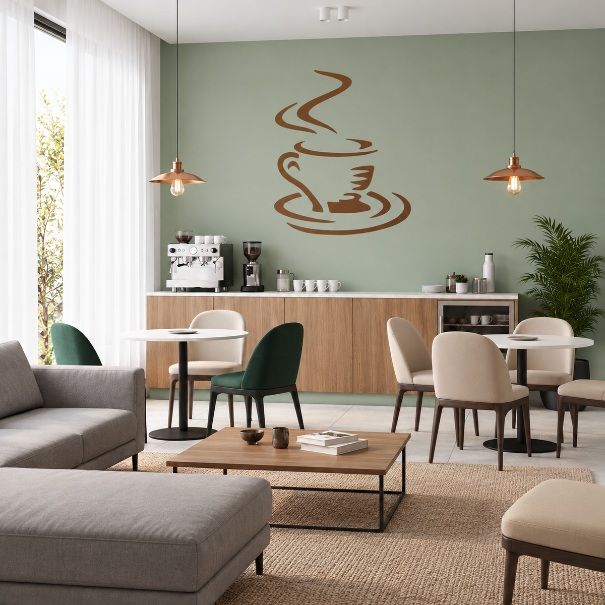 Coffee Cup Stencil in warm brown on a sage green wall above the coffee counter in a modern café.