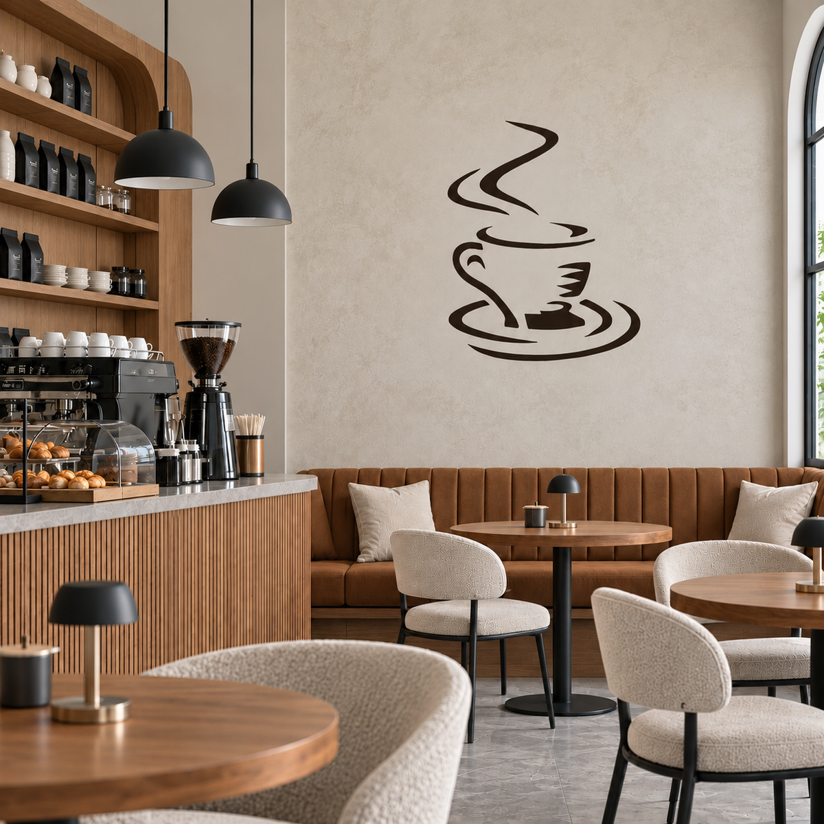 Coffee Cup Stencil in dark brown on a warm beige wall above upholstered seating in a cozy modern café.