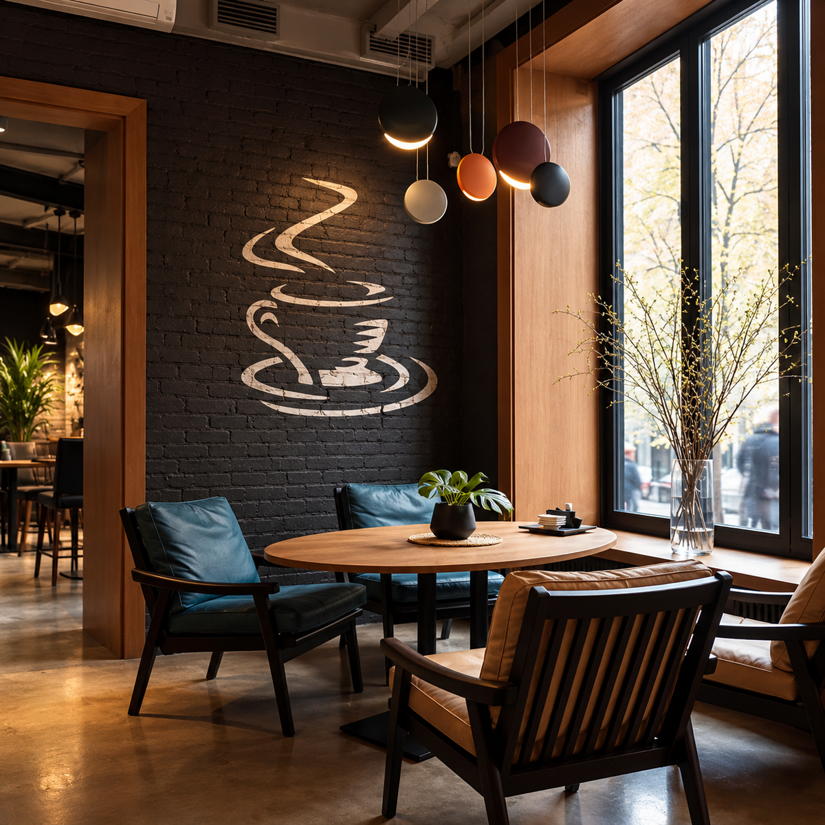 Coffee Cup Stencil in off-white on a black brick wall in an industrial-style café with wooden tables and pendant lights.