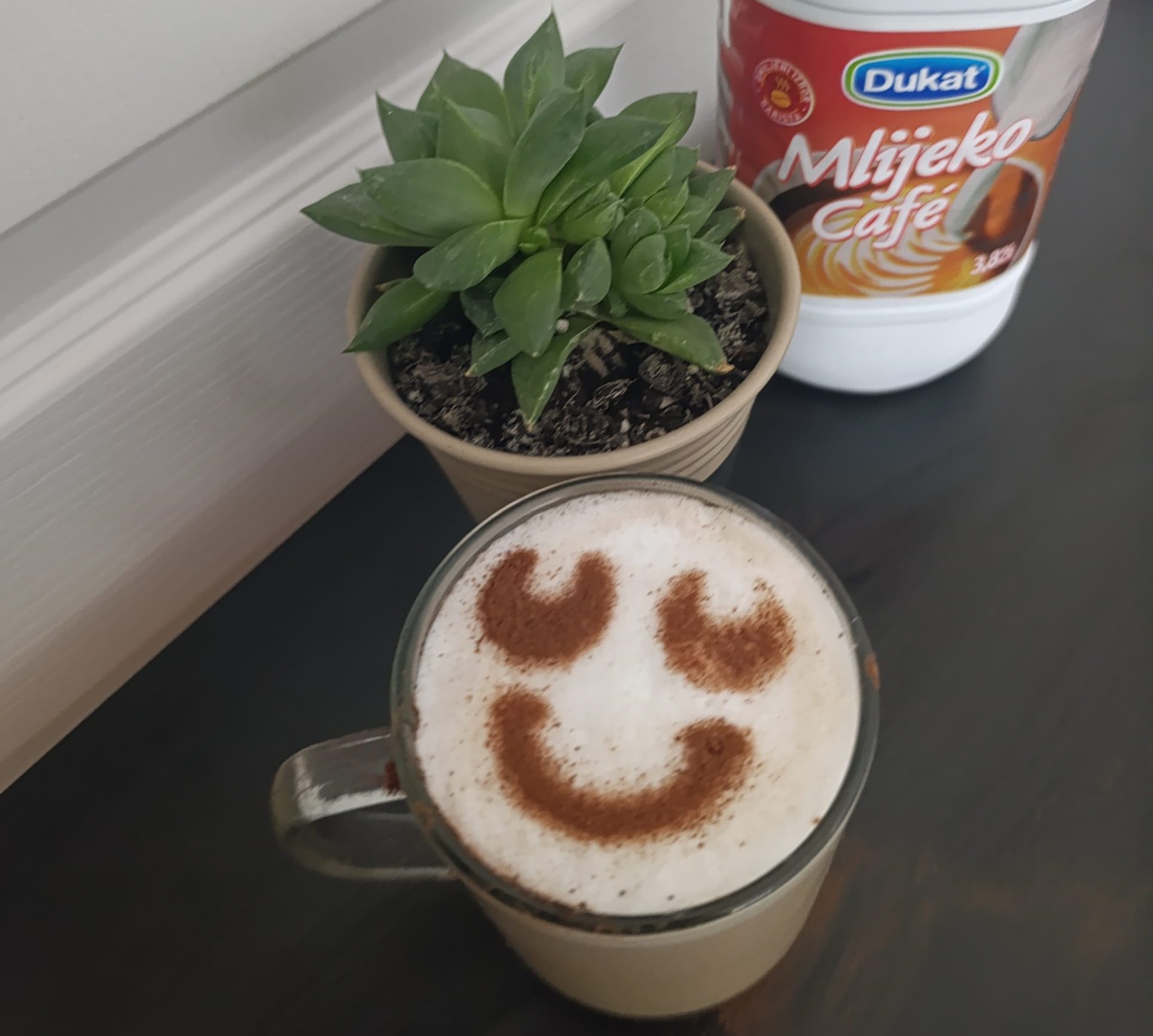 Smiley face coffee stencil design on a homemade latte with milk foam and a small green plant beside the cup