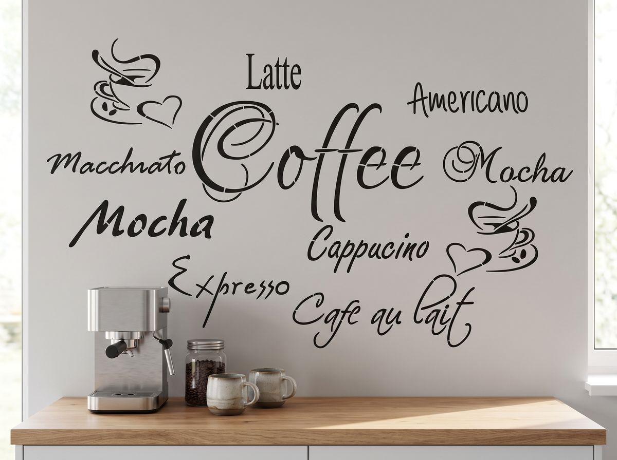 Coffee wall stencil with coffee names, cups and heart motifs above a wooden countertop in a modern kitchen coffee corner.