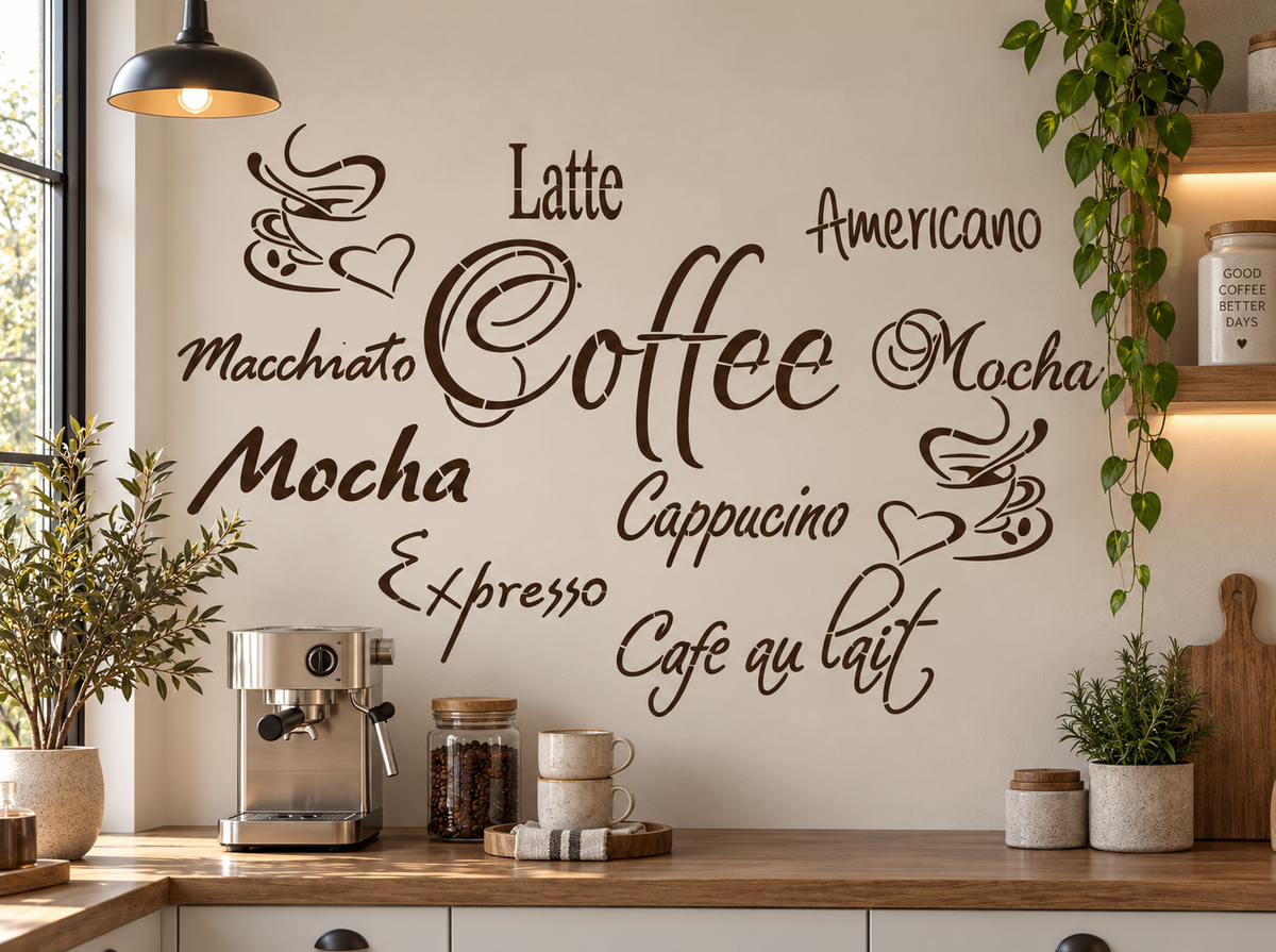 Coffee wall stencil with decorative coffee typography, cups and heart motifs in a warm Scandinavian kitchen coffee corner.