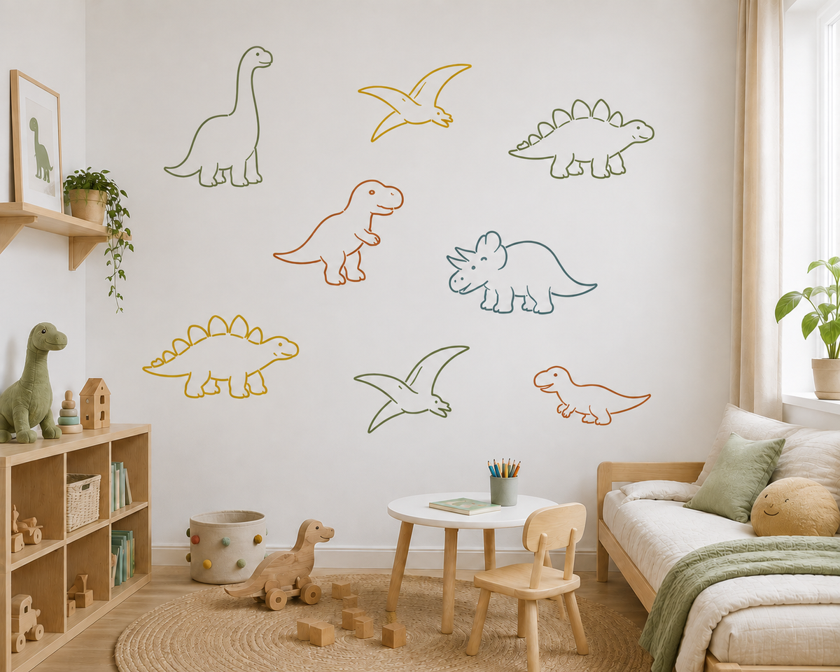 Colorful Cartoon Dinosaur Outline Stencil Set on a kids’ playroom wall