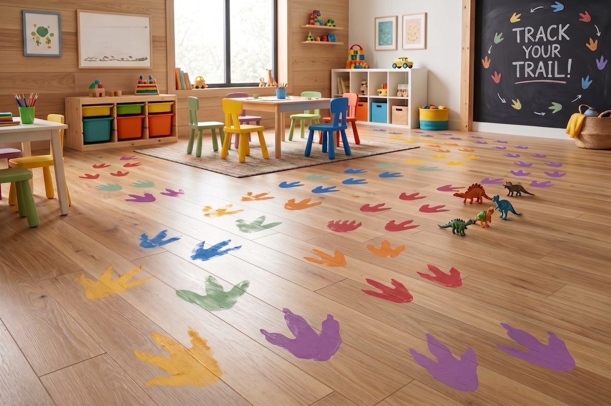 Colorful dinosaur footprint stencil trail painted across classroom wooden floors in a preschool learning space with rainbow chairs, dinosaur toys, and playful educational decor.