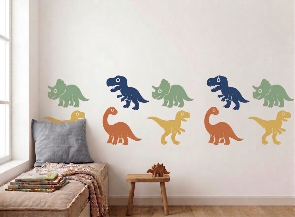 Colorful dinosaur stencils arranged on a white wall in a bright kids room with a cozy reading bench.
