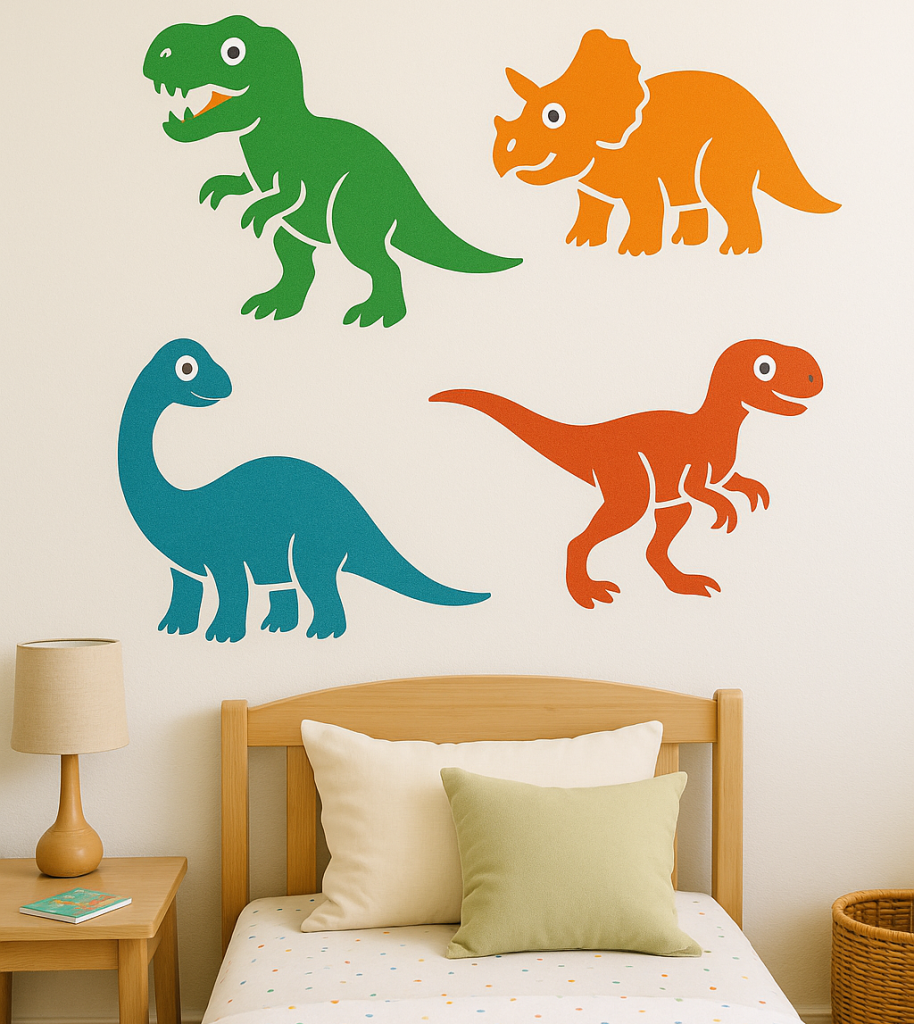 Colorful dinosaur stencils for walls featuring cartoon-style Tyrannosaurus Rex, Triceratops, Brachiosaurus, and Velociraptor above a child's bed in a kids’ bedroom.