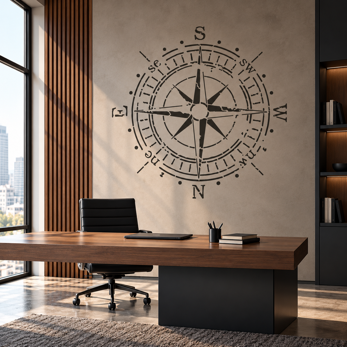 Large black Compass Rose Stencil on a warm beige wall behind a wooden executive desk in a modern office.