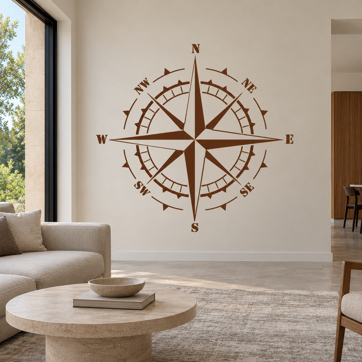 Brown Compass Rose Stencil painted on a white living room wall, adding maritime-inspired decor to a bright coastal home with neutral furniture.