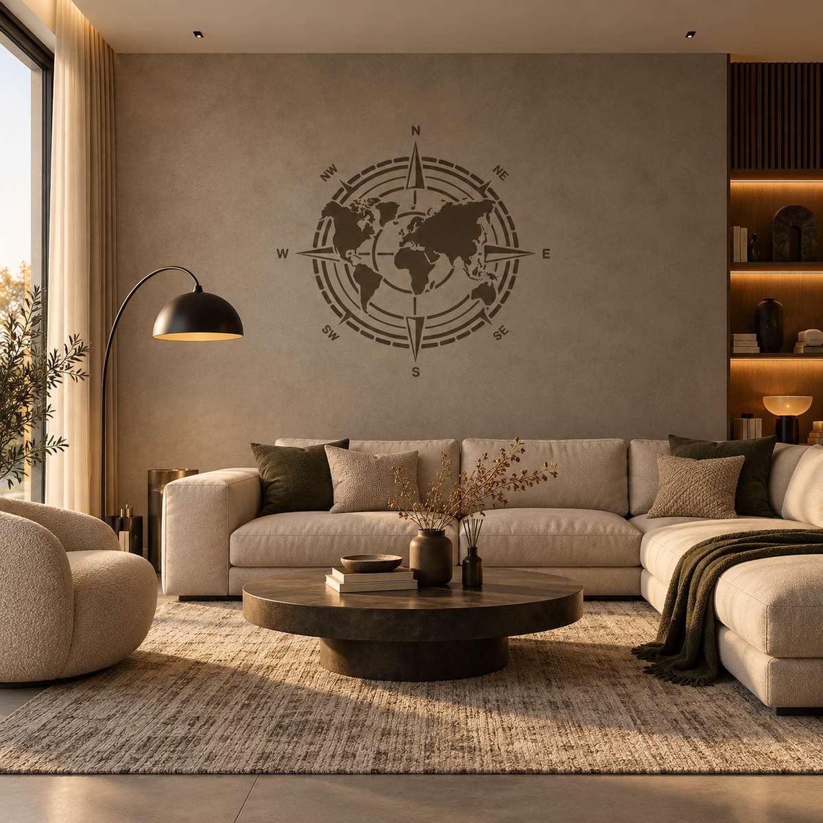 Compass rose and world map wall stencil in dark taupe on a textured beige accent wall above a cream sectional sofa.