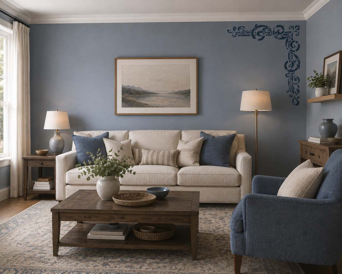 Corner border wall stencil with an elegant vintage scroll pattern painted on a blue living room wall.