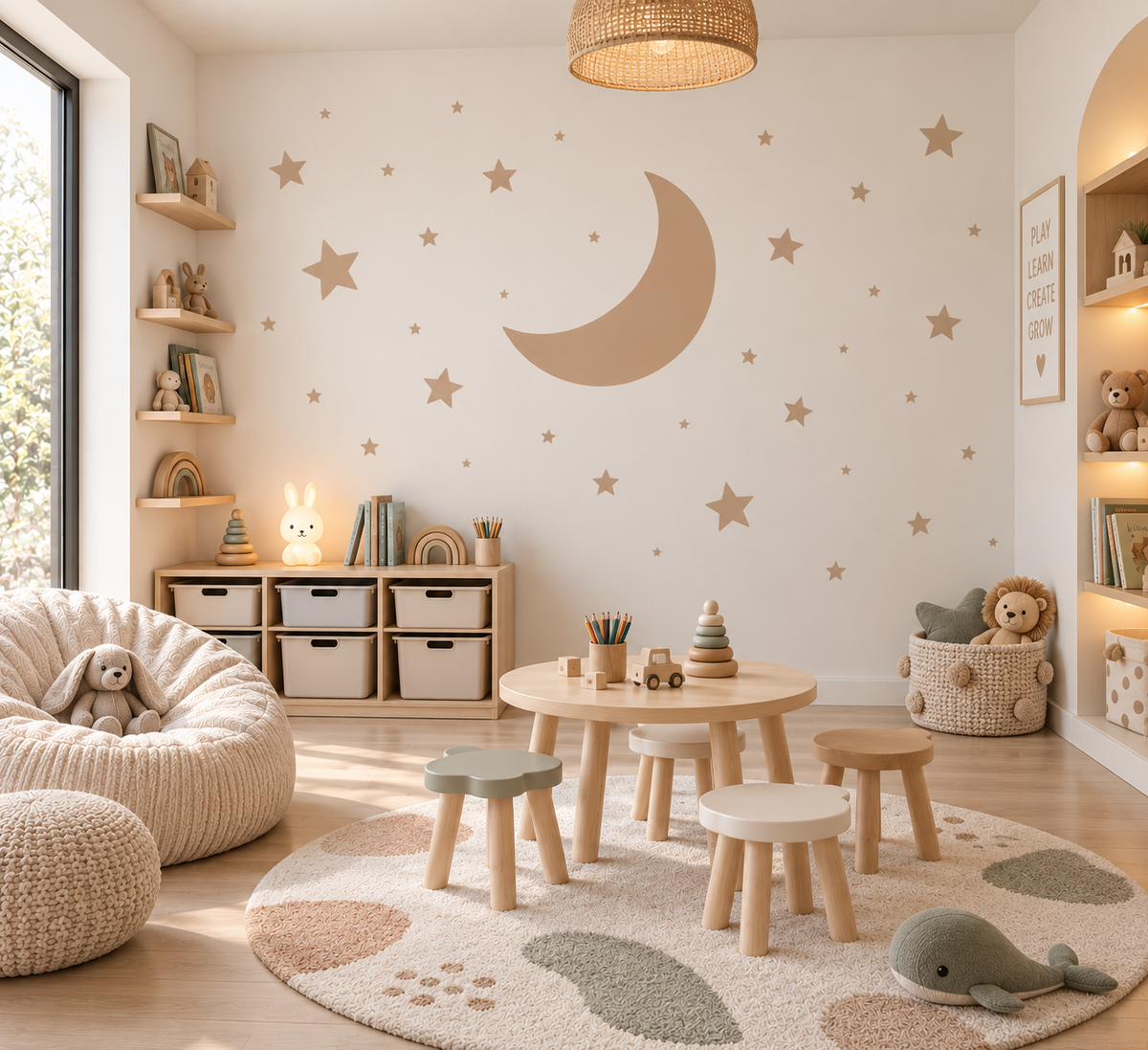 Beige Cosmic Moon wall stencil with scattered stars in a warm neutral kids’ playroom.