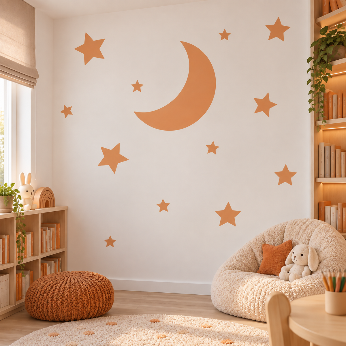 Orange Cosmic Moon wall stencil with scattered stars in a warm modern kids’ playroom.