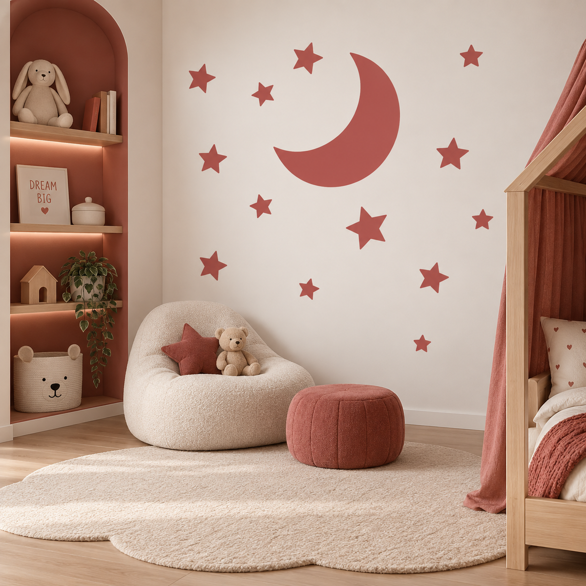 Terracotta Cosmic Moon wall stencil with scattered stars in a cozy modern kids’ bedroom.