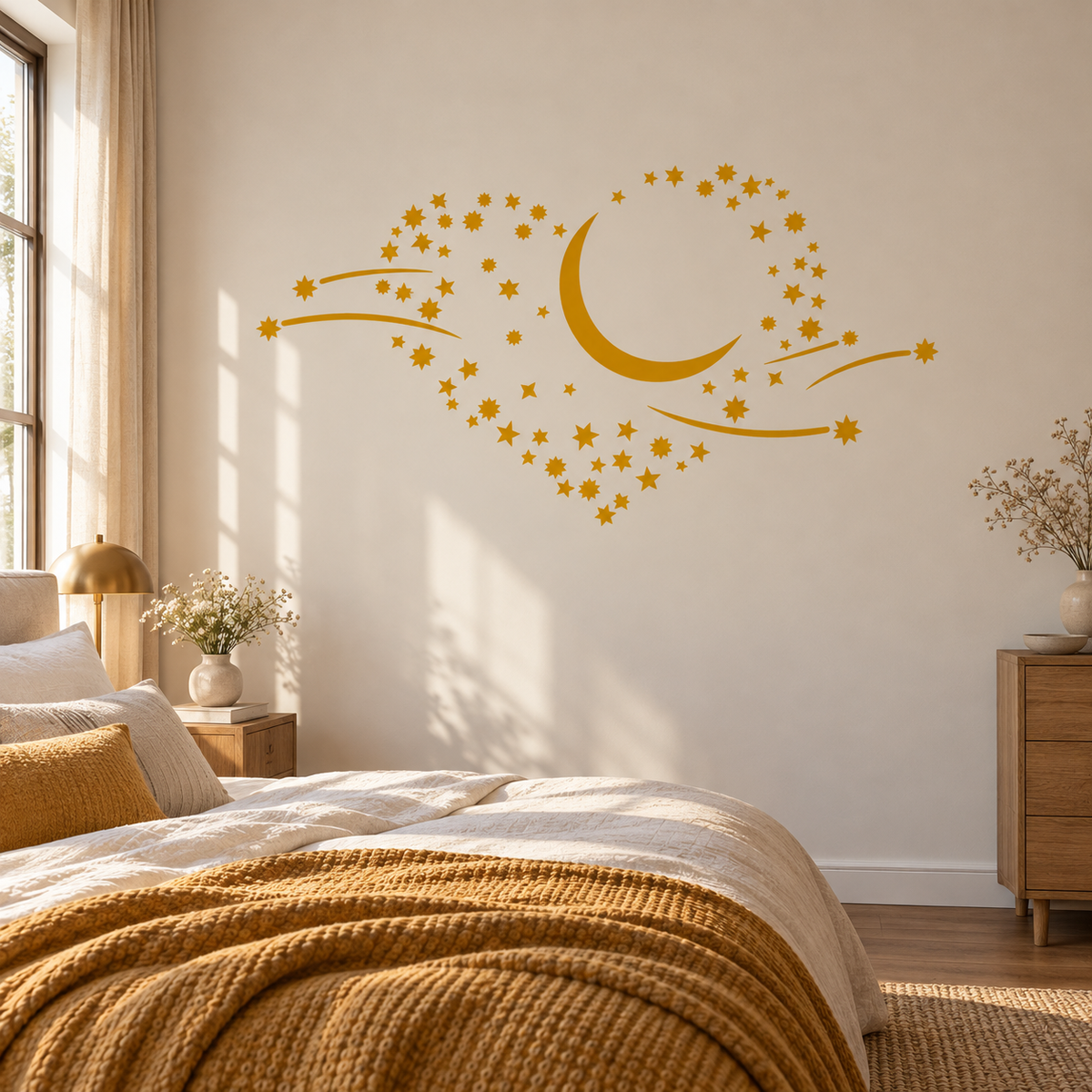 Crescent Moon and Stars Stencil in golden yellow on a beige bedroom wall above a bed with mustard-colored bedding.