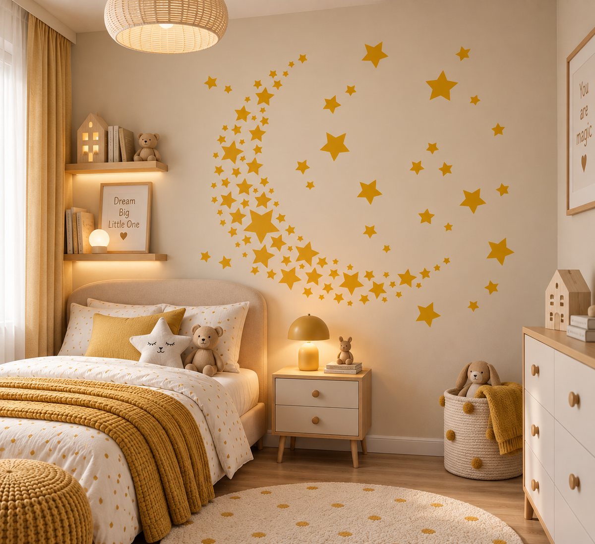 Mustard yellow crescent moon and stars wall stencil in a warm modern kids bedroom.