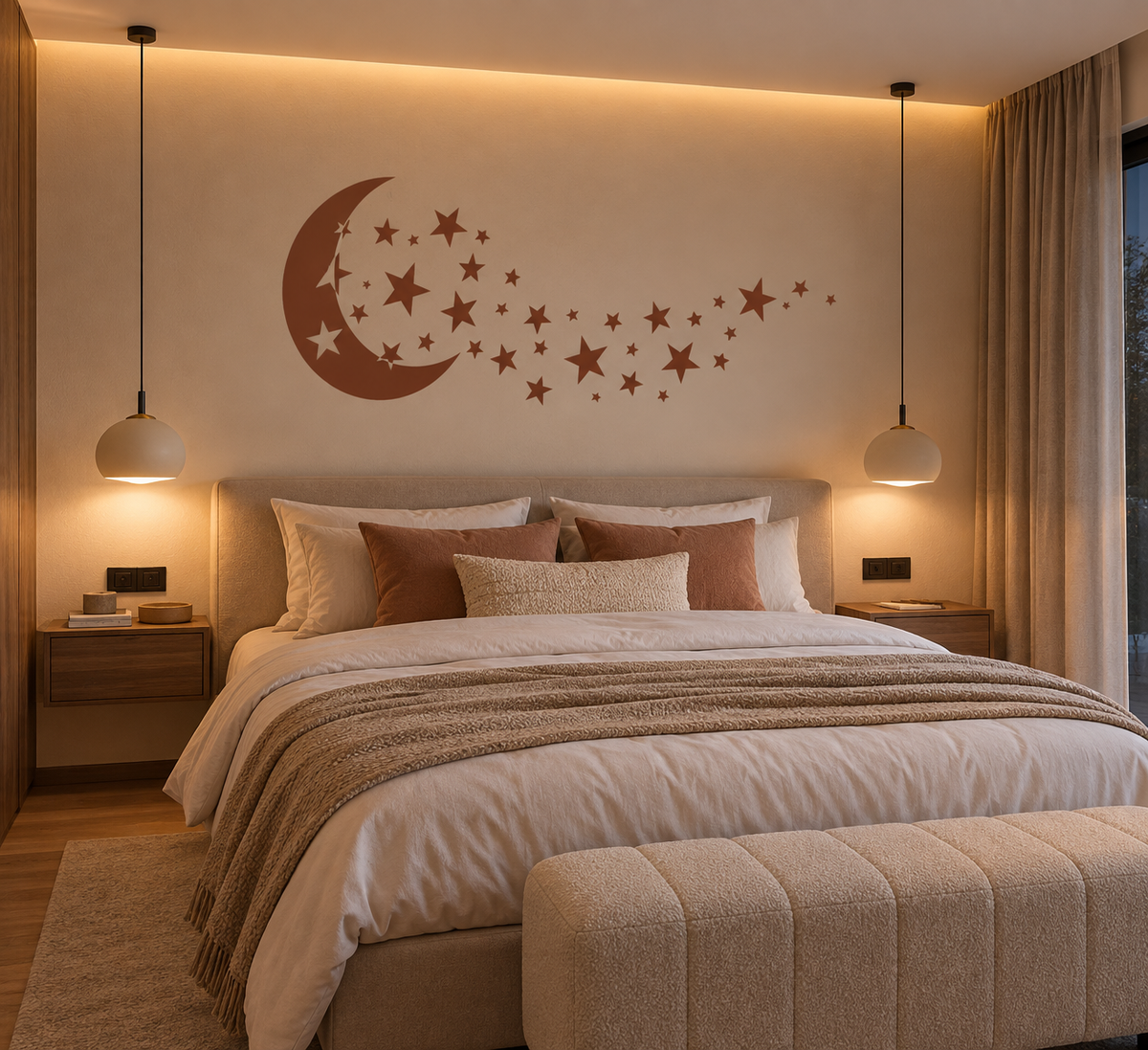 Terracotta crescent moon with stars wall stencil above a bed in a warm modern neutral bedroom.