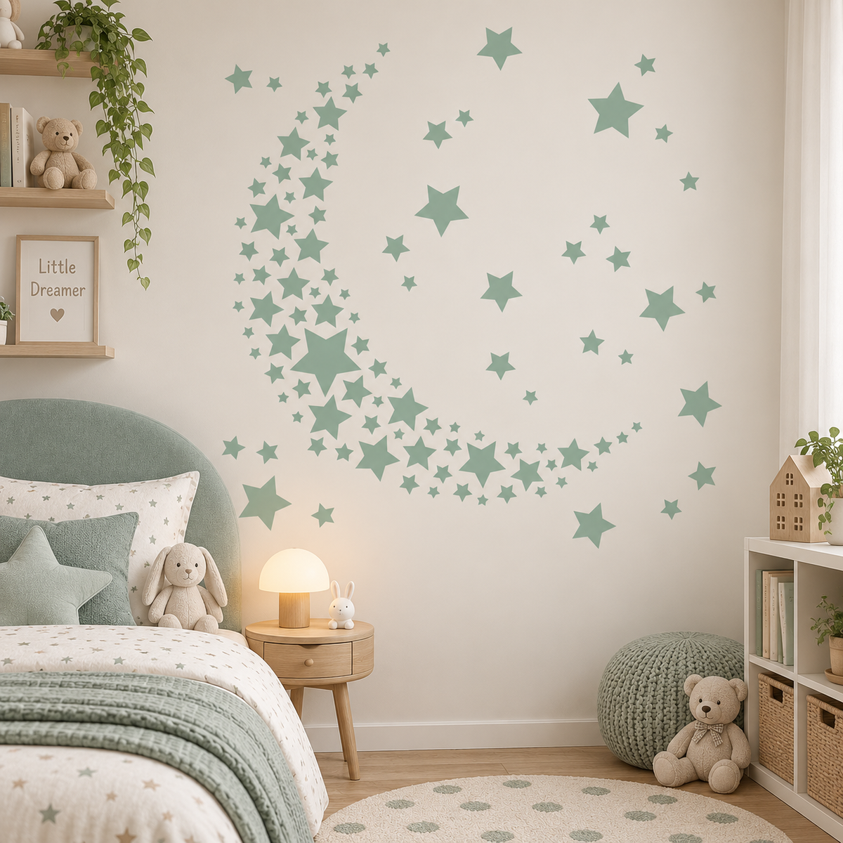 Sage green crescent star cluster wall stencil in a soft neutral kids bedroom.