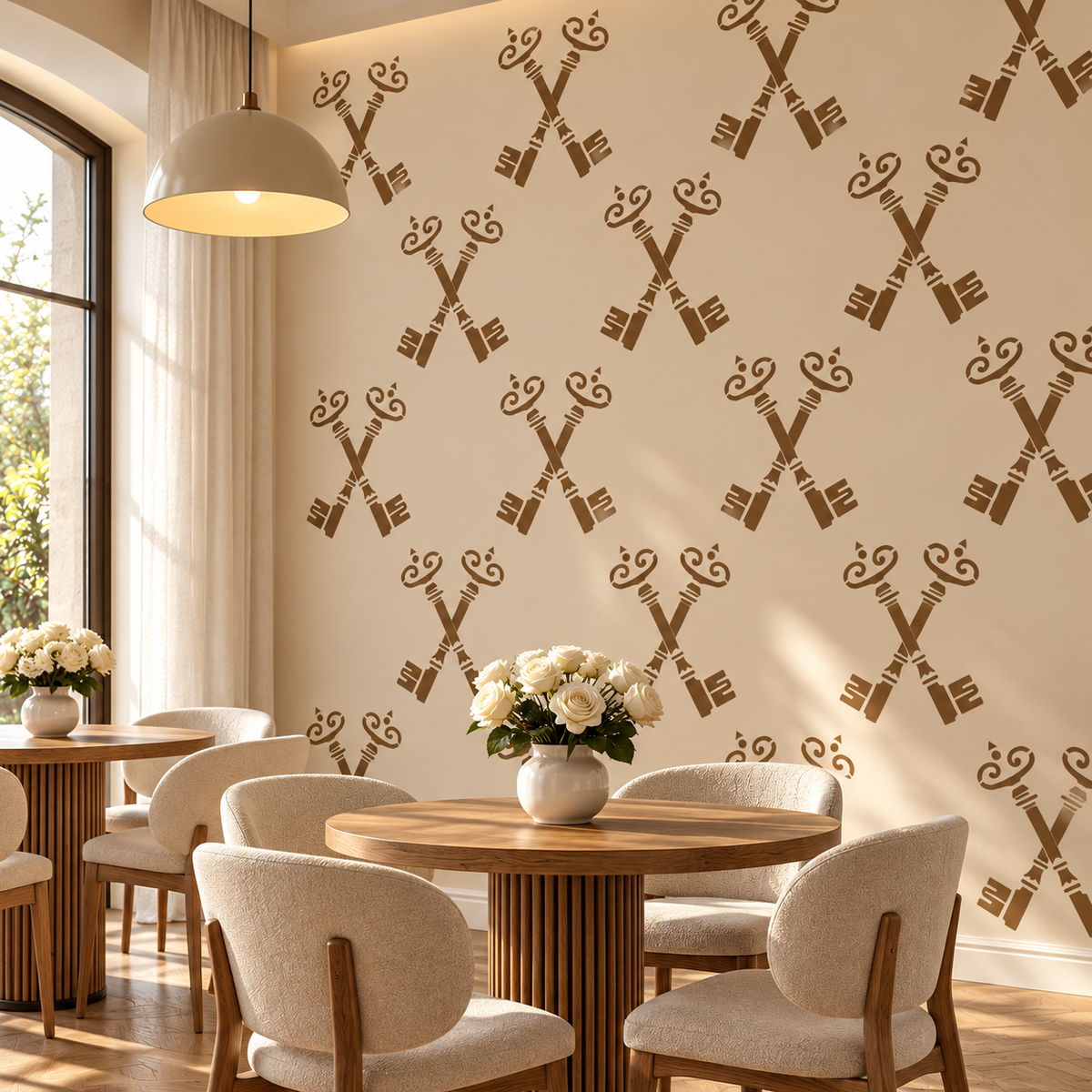 Antique Keys Stencil with a repeating brown crossed keys pattern on a beige dining room wall with wooden tables and upholstered chairs.
