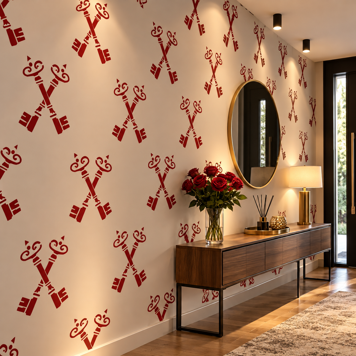 Antique Keys Stencil with a repeating burgundy crossed keys pattern in an elegant entryway with a wooden console and round mirror.