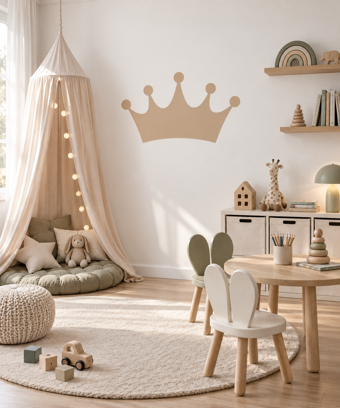 Beige crown wall stencil in a warm neutral kids’ playroom.