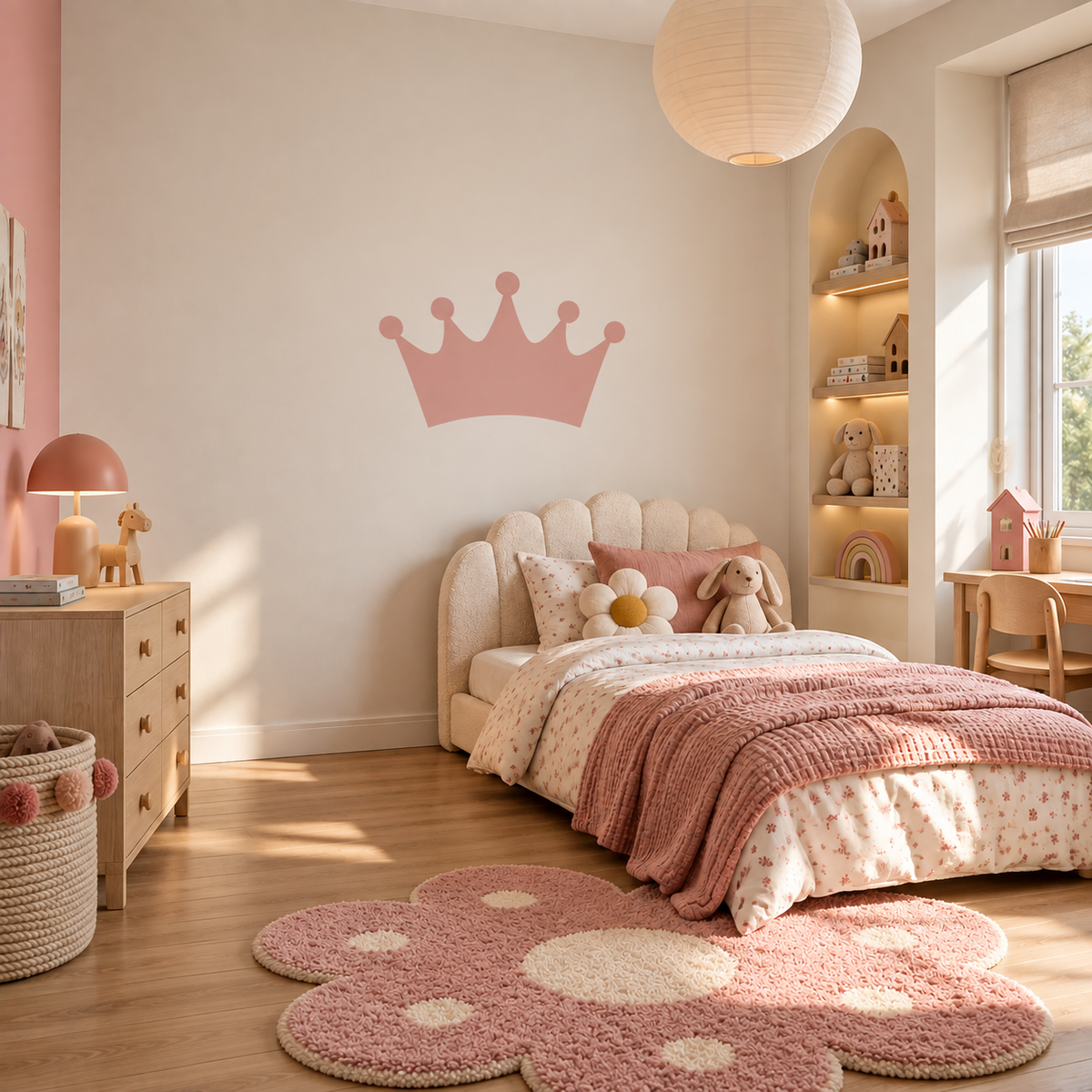 Dusty pink crown wall stencil in a soft modern girls’ bedroom.
