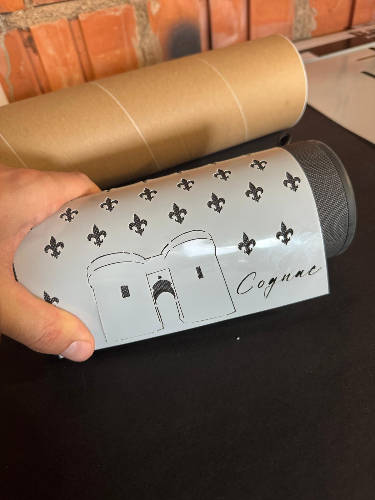 custom stencil design with fleur de lis pattern applied on curved surface Cognac theme