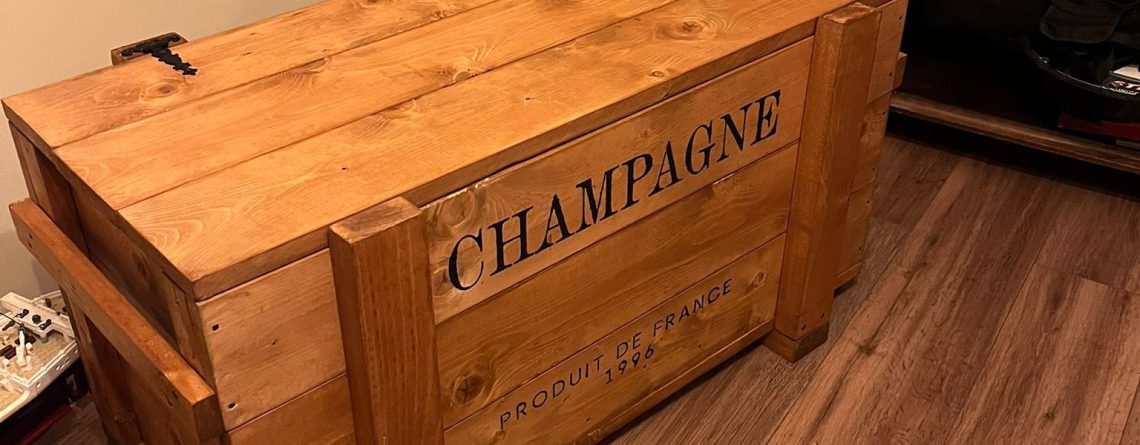 Personalized wooden storage box with vintage stencil typography