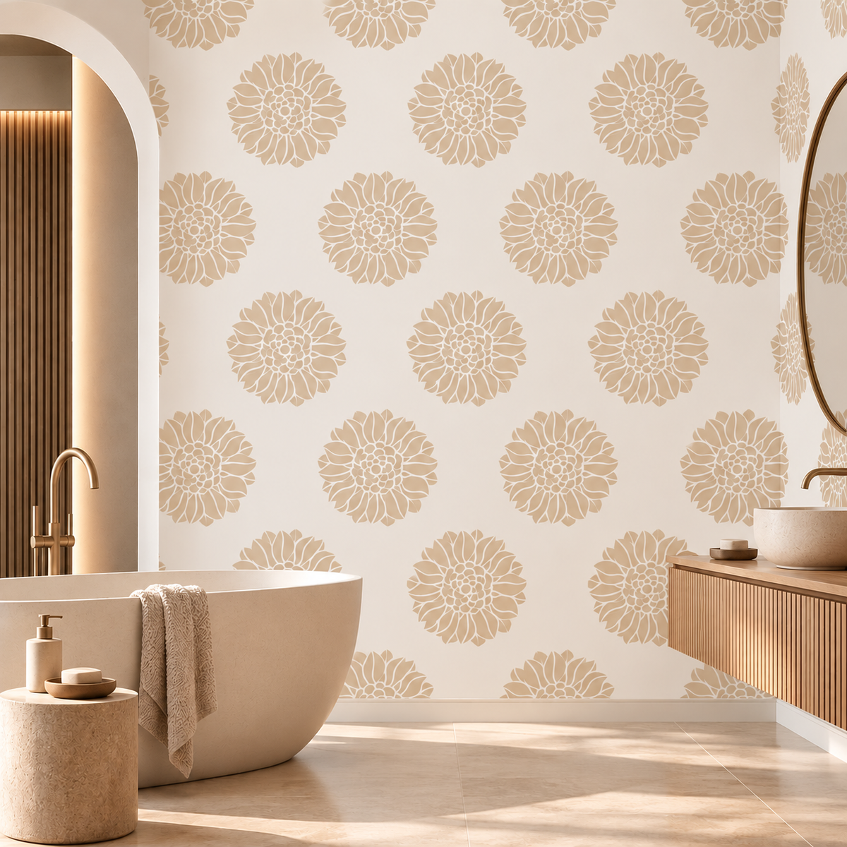 Dahlia Flower Stencil in soft beige on a white wall in a modern neutral bathroom.