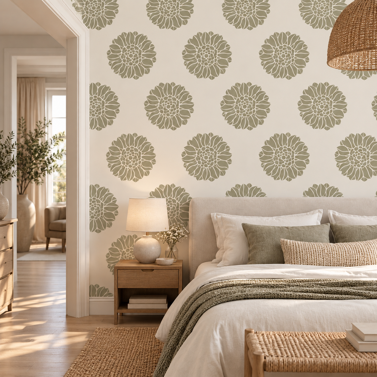 Dahlia Flower Stencil in sage green on a cream accent wall in a warm neutral bedroom.