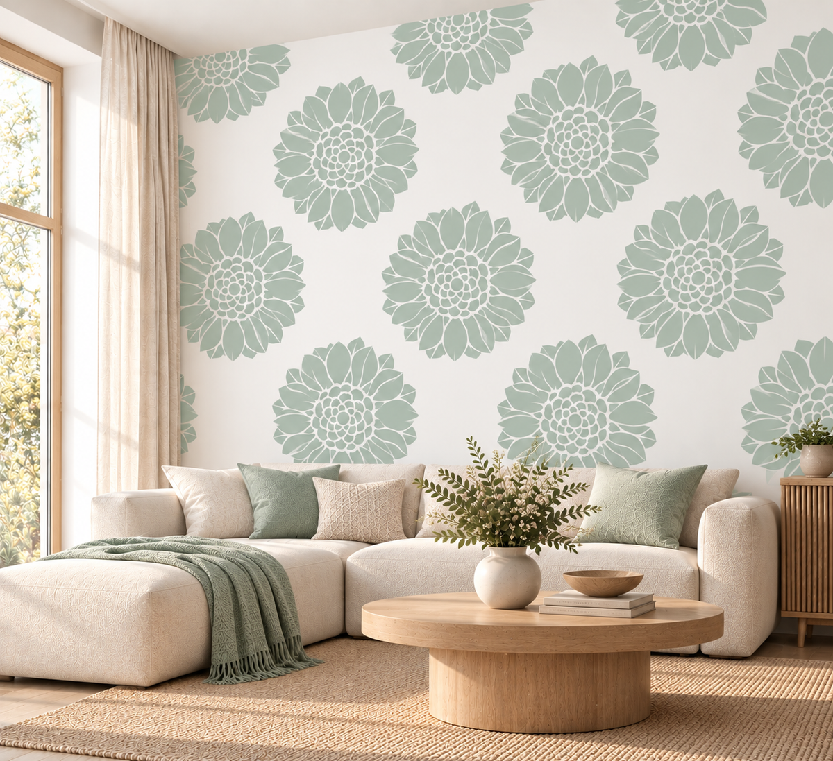 Dahlia Flower Stencil in soft green on a white accent wall in a bright modern living room.