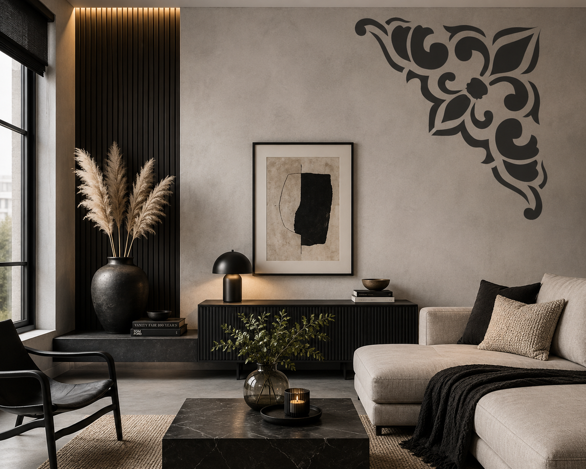 Damask corner stencil with a bold ornamental floral design painted on a modern living room wall.