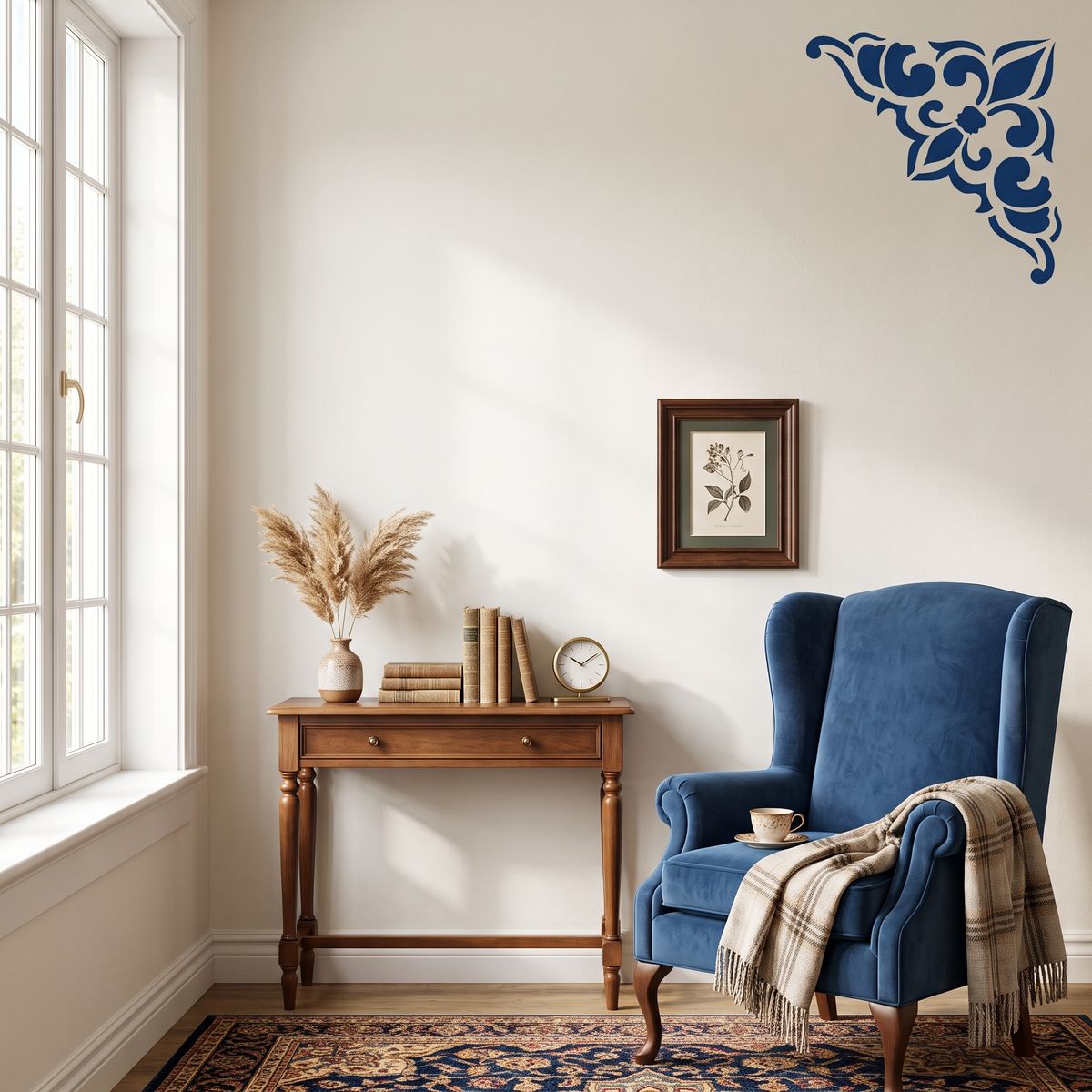 Damask corner stencil with an ornamental floral pattern painted in blue on an elegant living room wall.