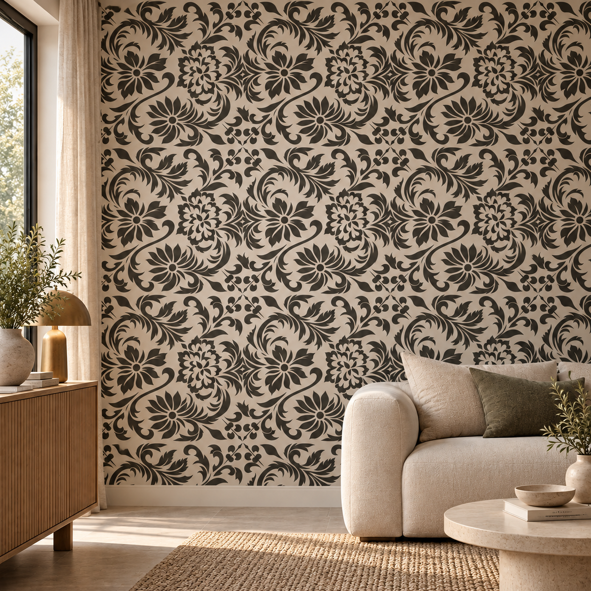 Black damask floral wall pattern creating an elegant statement wall in a warm neutral living room.