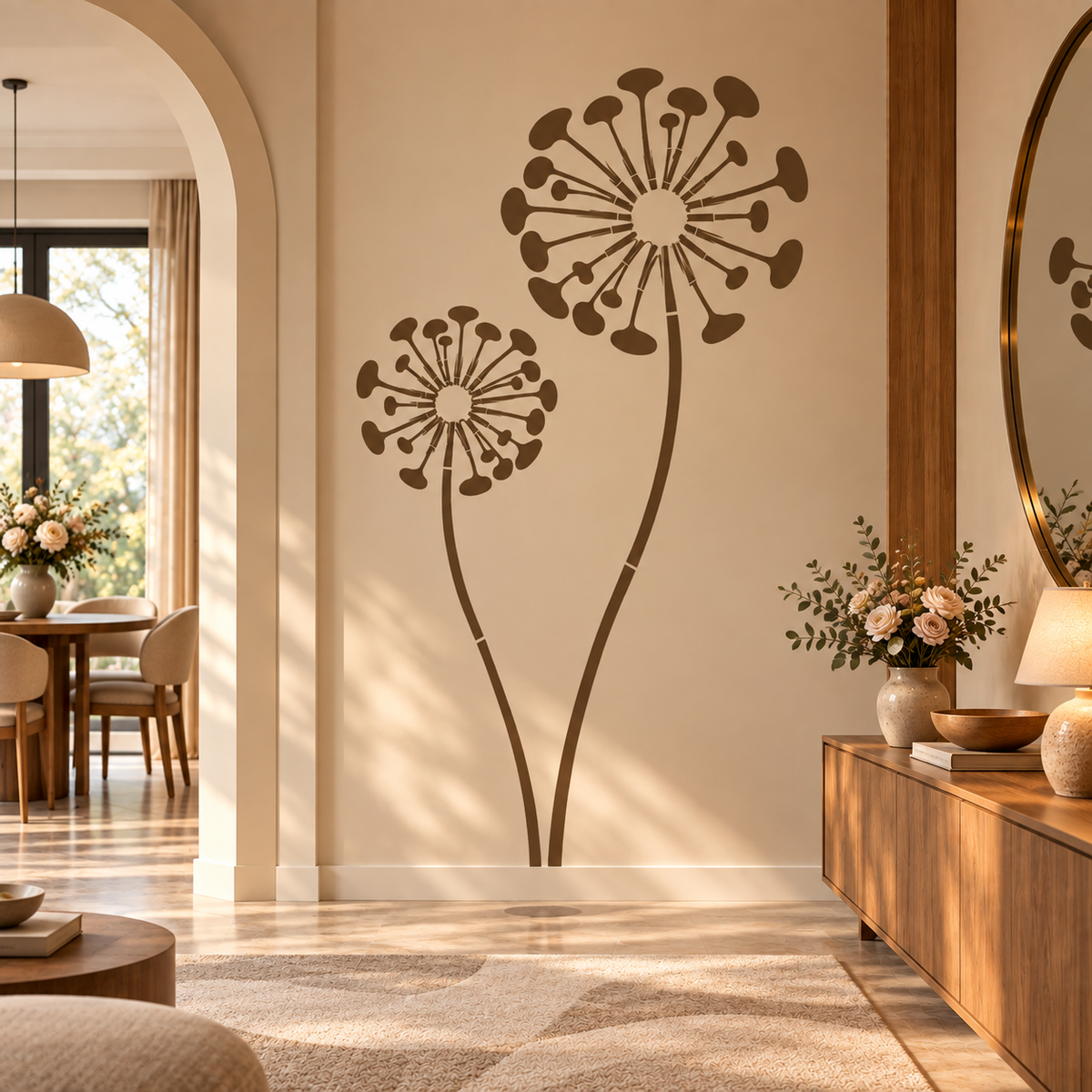 Dandelion Bloom Wall Stencil in brown on a warm beige entryway wall