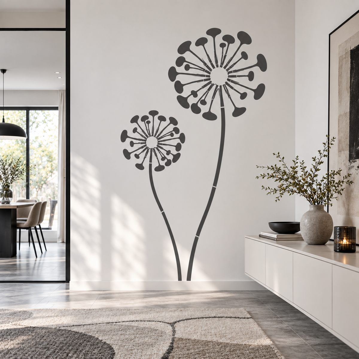 Dandelion Bloom Wall Stencil in charcoal on a white modern entryway wall