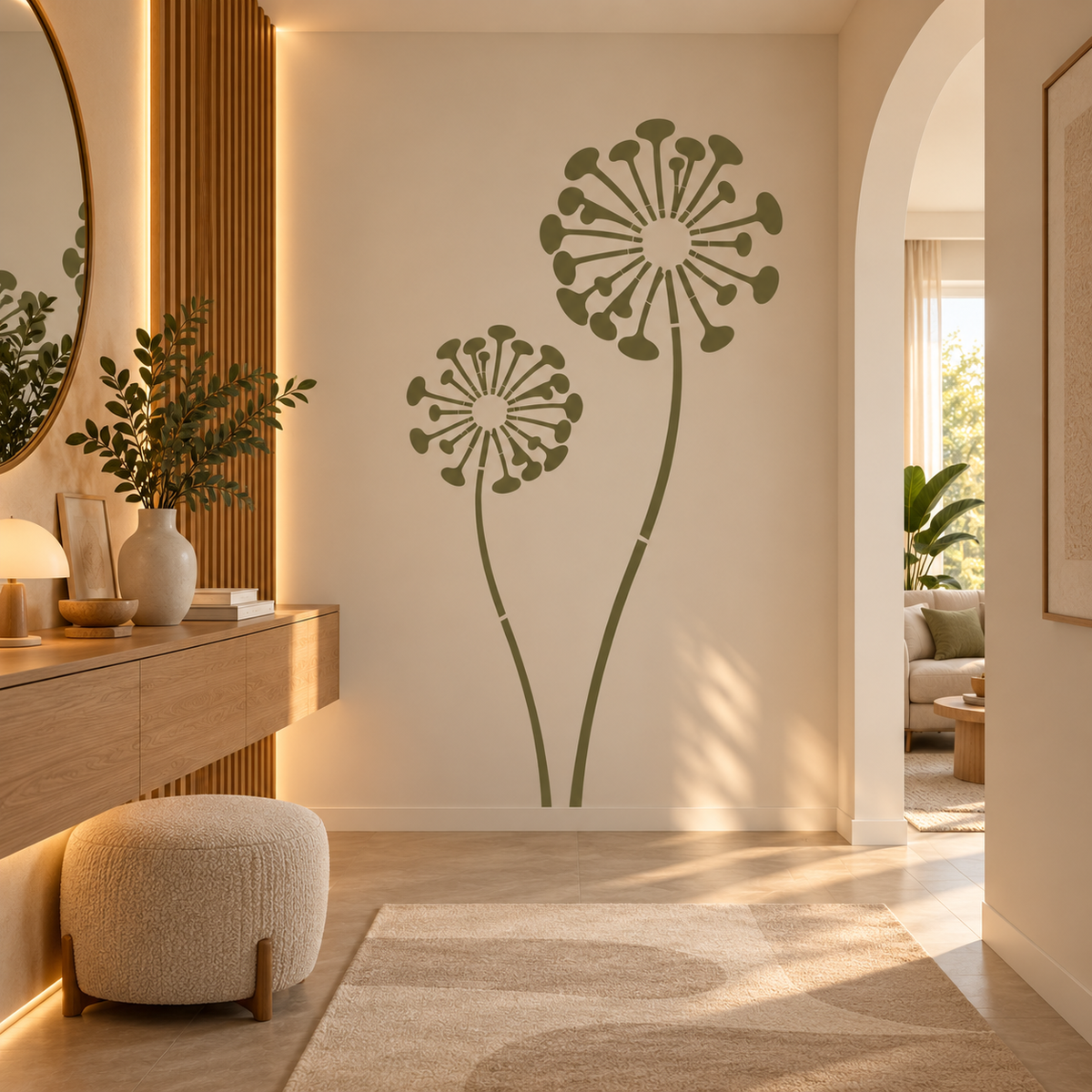Dandelion Bloom Wall Stencil in olive green on a warm neutral entryway wall