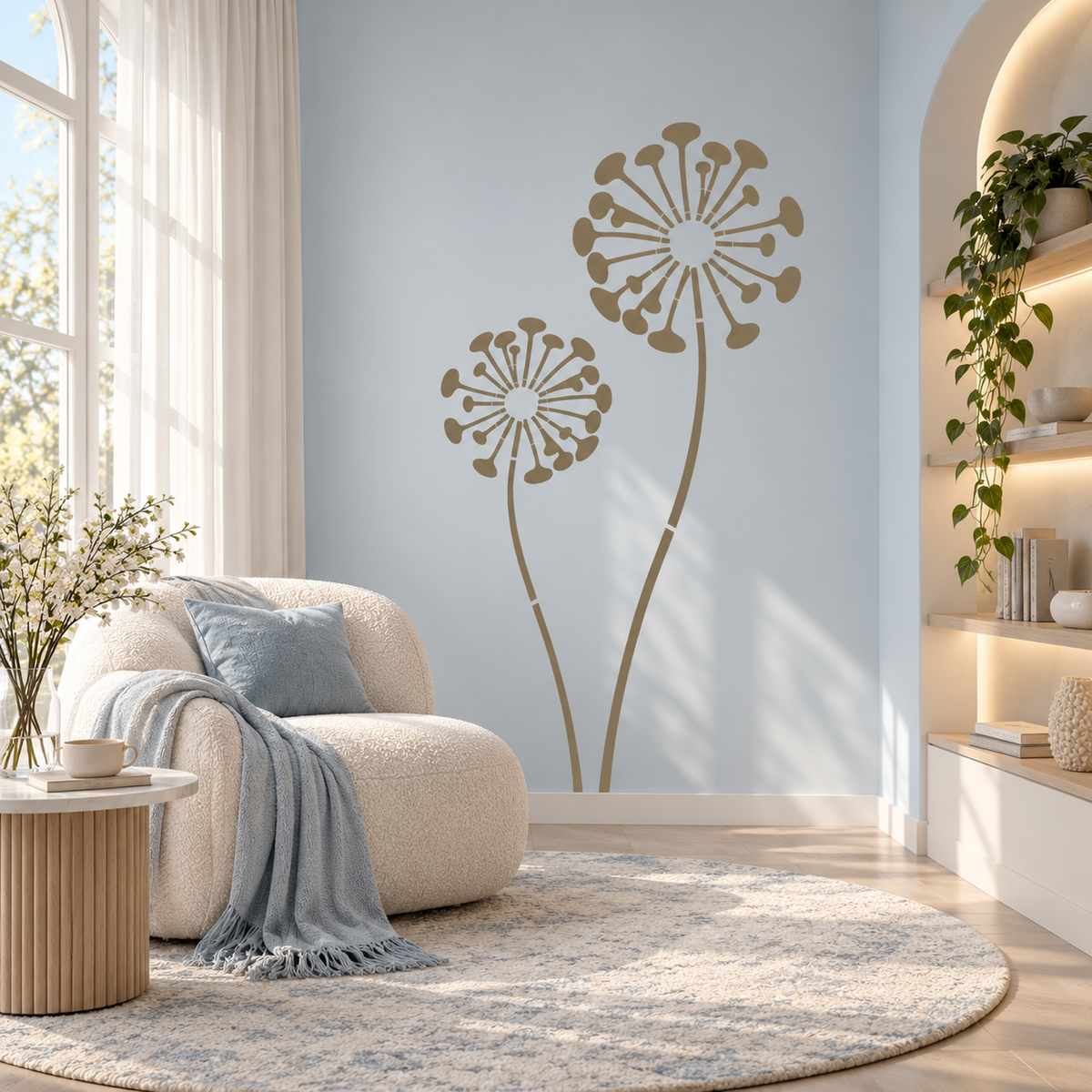 Dandelion Bloom Wall Stencil in taupe on a pale blue living room wall