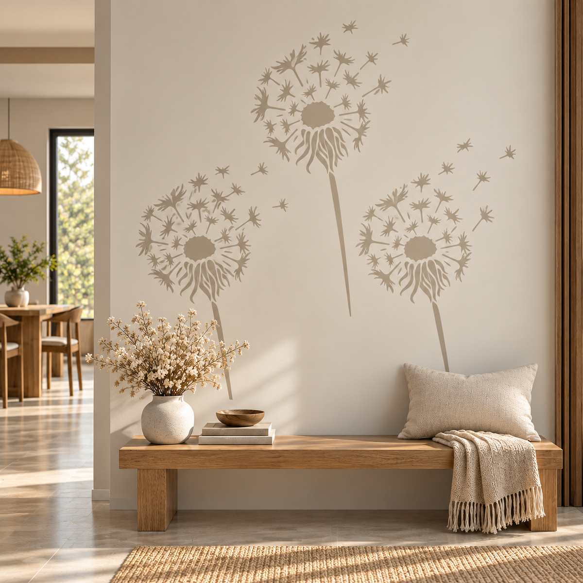Dandelion flower wall stencil with drifting seeds above a wooden bench in a neutral modern interior.