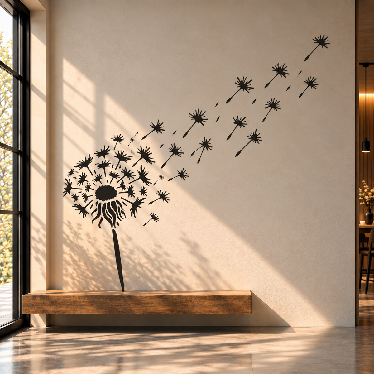 Black dandelion wall stencil with blowing seeds above a wooden bench in a modern entryway.