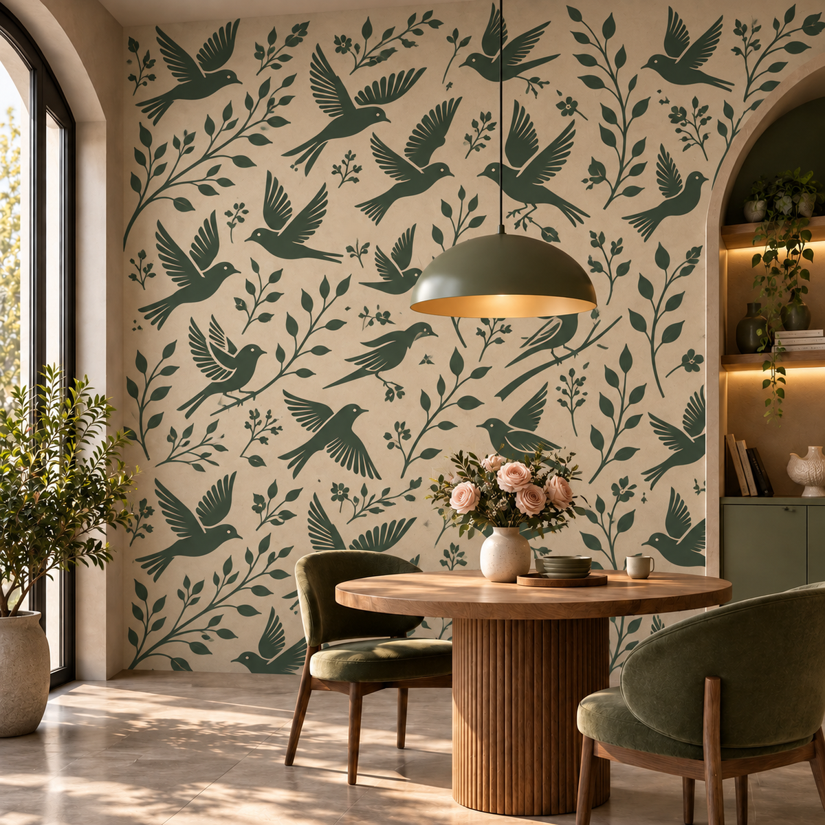 Deep green birds, leaves, and botanical sprigs form a dramatic nature-inspired stencil pattern behind a modern wooden dining table.