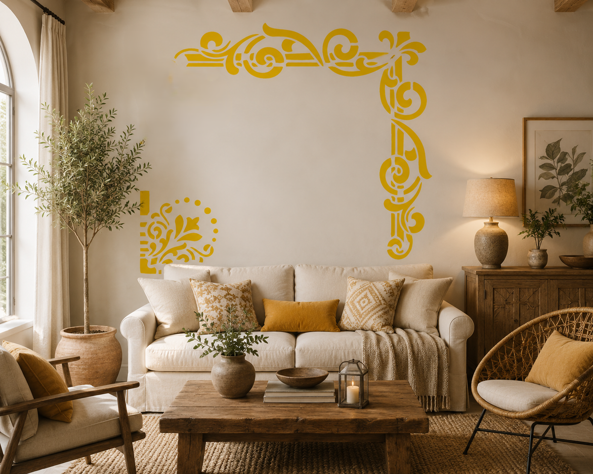 Decorative border corner stencil set with ornamental scroll and floral patterns painted on a living room wall.