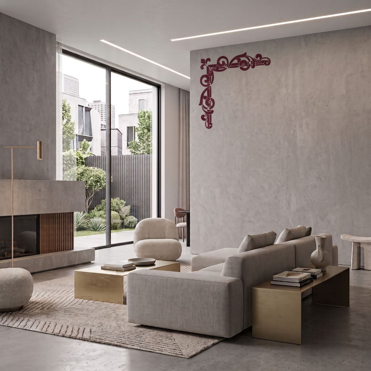 Decorative border corner stencil with an ornamental scroll design painted on a modern living room wall.
