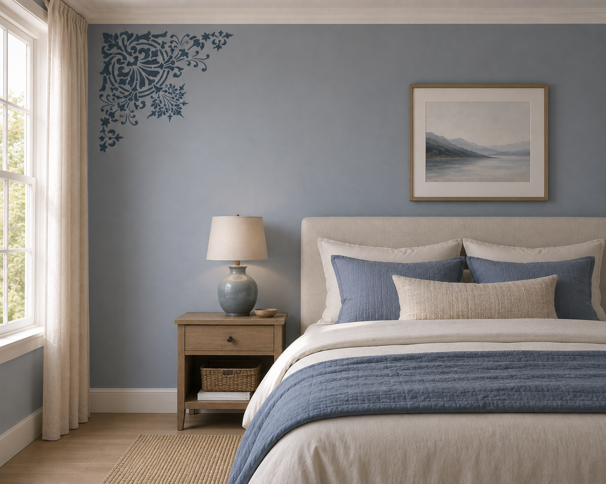 Decorative floral corner wall stencil painted above a bed as an elegant bedroom wall decoration.